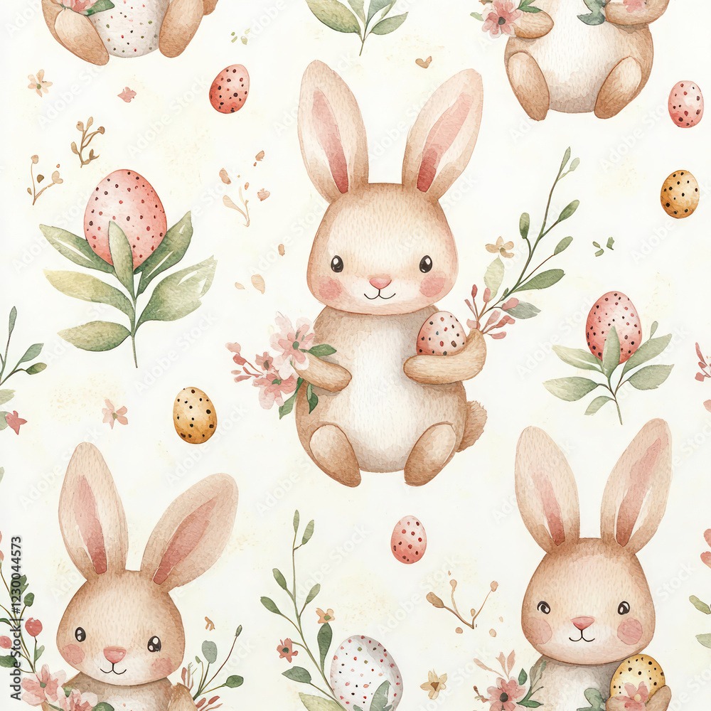 Fototapeta premium Cute watercolor seamless pattern featuring adorable bunnies holding decorated Easter eggs and flowers, surrounded by delicate botanical elements in soft pastel tones.