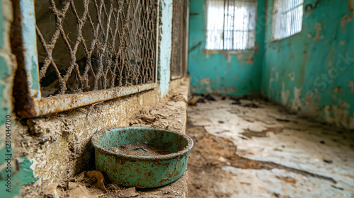 Abandoned Pet Shelter with Neglected Cages and Dirty Bedding in a Desolate Environment