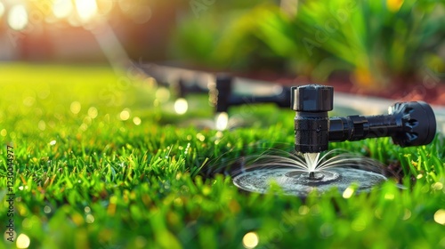 Close-up of a lawn irrigation system watering lush green grass in a sunny garden setting