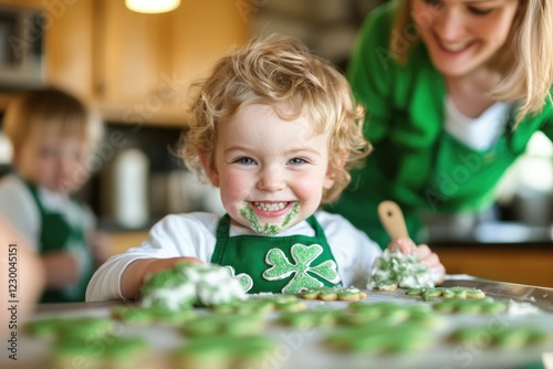 Family baking fun with green themed cookies for st. patrick's day celebration.