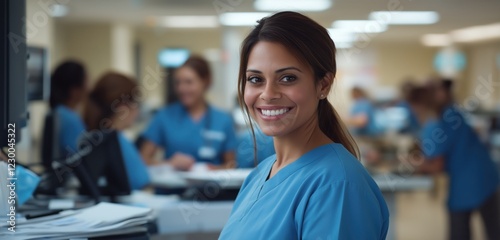 Hispanic female nurse smiling in hospital environment