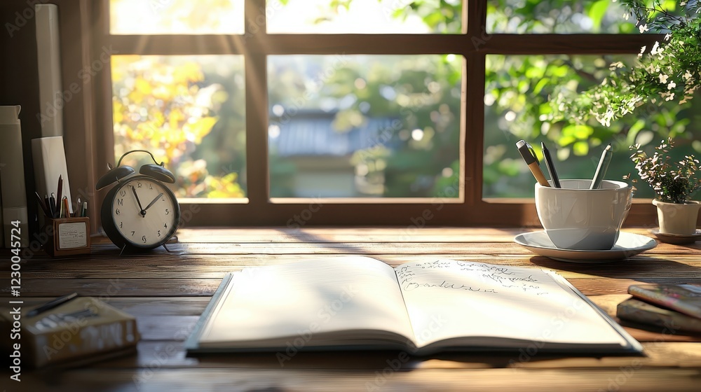 Fototapeta premium A serene workspace featuring an open book, clock, and plants, illuminated by soft sunlight streaming through a window.