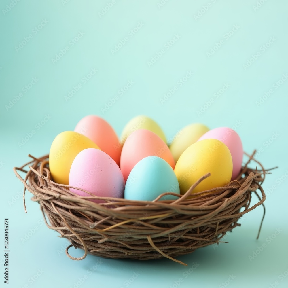 Pastel-colored Easter eggs in a nest on a solid blue background. Perfect for Easter-themed designs Pastel-colored Easter eggs in a nest on a solid blue background. Perfect for Easter-themed designs