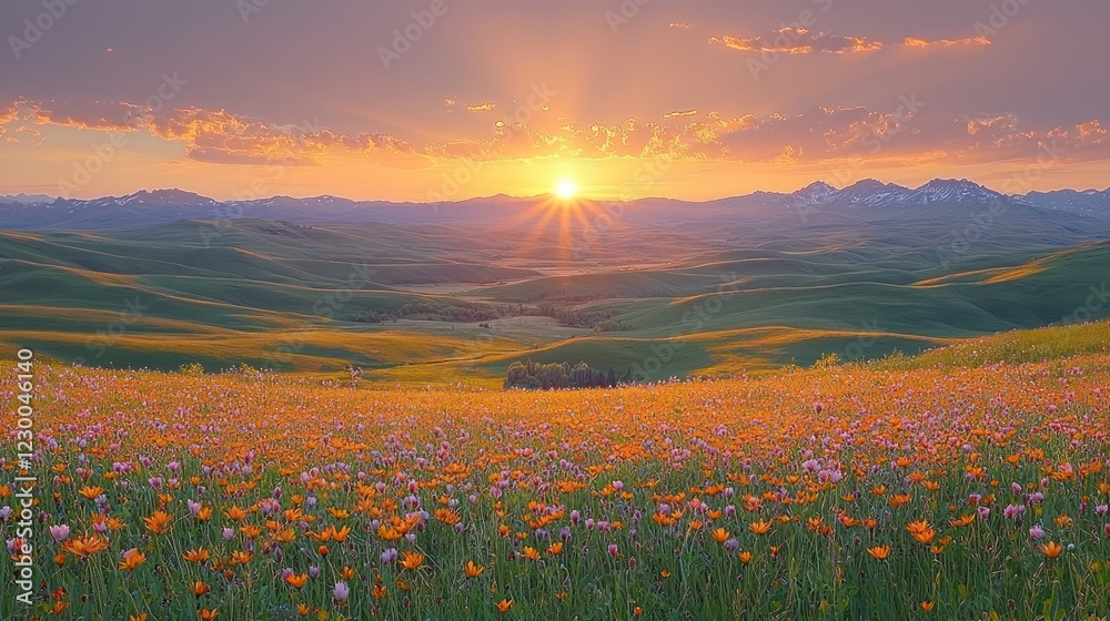 Fototapeta premium Sunset over rolling hills and a vibrant wildflower meadow