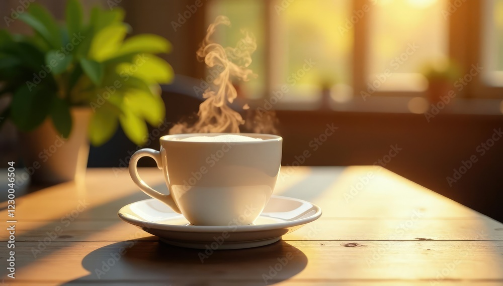 Steamy foam atop white cup on wooden table, morning sunlight casts a warm glow, morning, warmth, breakfast Steamy foam atop white cup on wooden table, morning sunlight casts a warm glow, morning, warmth, breakfast