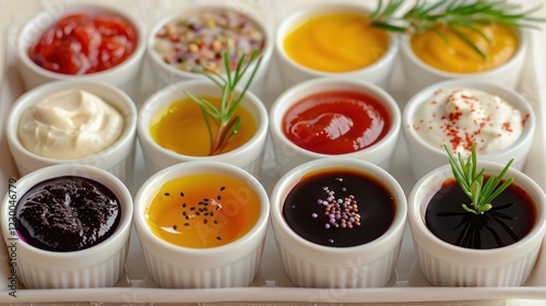 Wallpaper Mural A colorful array of sauces and condiments in small cups, garnished with herbs, on a wooden tray Torontodigital.ca