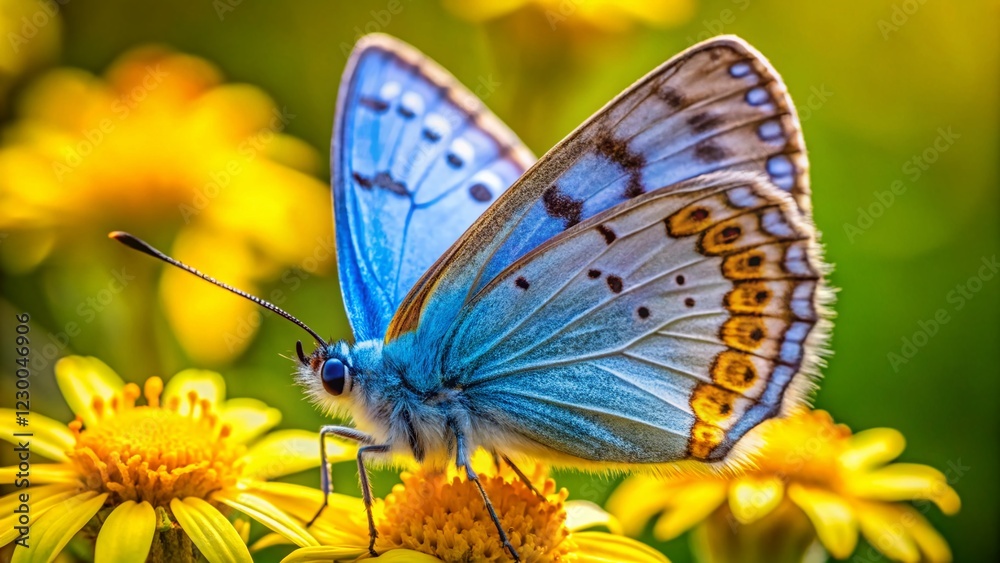 Obraz premium Common Blue Butterfly on Yellow Flower - Macro Photography