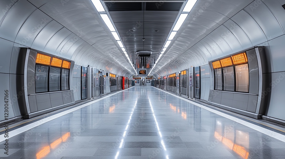 A minimalist train station with polished floors and glowing signs picture A minimalist train station with polished floors and glowing signs picture