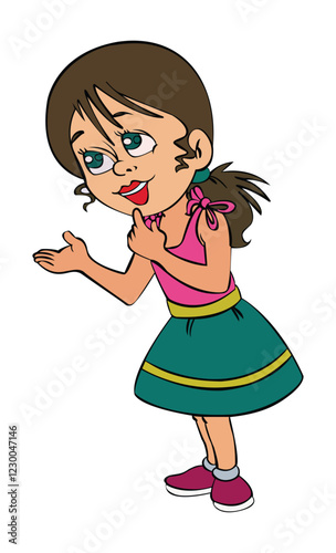 Vector illustration little girl standing and pointing