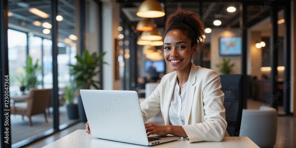 Fototapeta premium Smiling businesswoman works on laptop in modern office, radiating confidence and success. A bright future awaits!