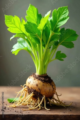 Swaying licorice root plant on a wooden table, botanical, roots, herb photo