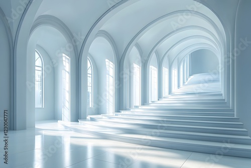 Majestic White Arched Staircase in Sunlit Architectural Interior Space