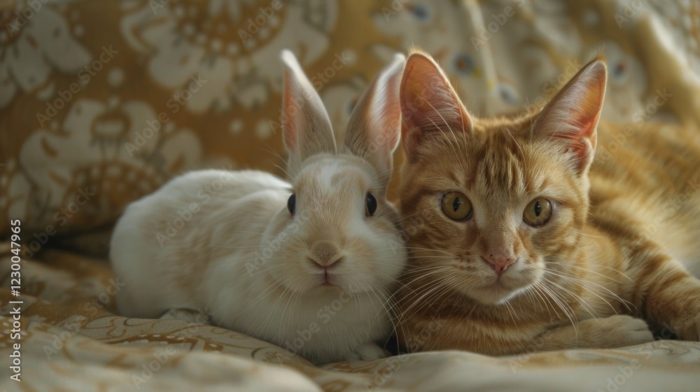 Orange cats and beautiful white rabbits are very cute. Orange cats and beautiful white rabbits are very cute.