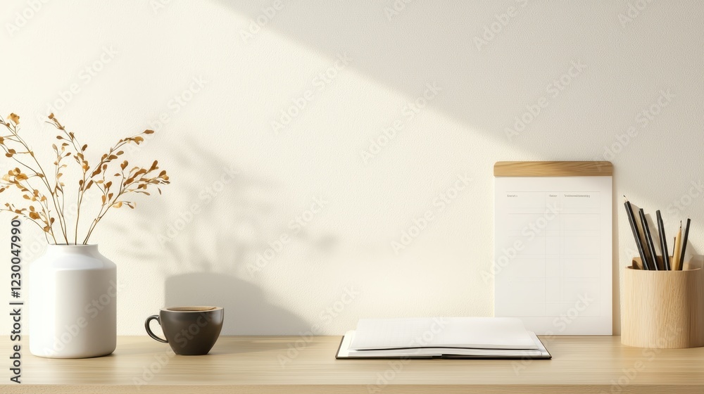 A minimalistic desk setup featuring a notebook, cup, and decorative plant, bathed in gentle sunlight. A minimalistic desk setup featuring a notebook, cup, and decorative plant, bathed in gentle sunlight.