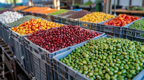 Vibrant assortment of fresh beans and legumes displayed in crates at a bustling market