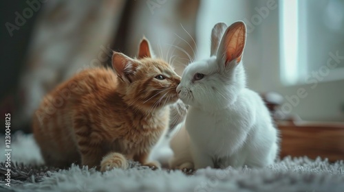 Orange cats and beautiful white rabbits are very cute.
