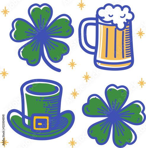 St. Patrick's Day Icons - Clover, Hat, and Beer Mug Illustration