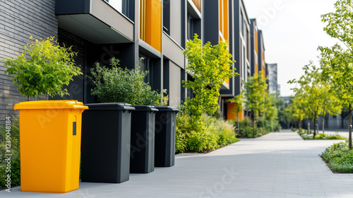Modern urban environment with colorful waste bins