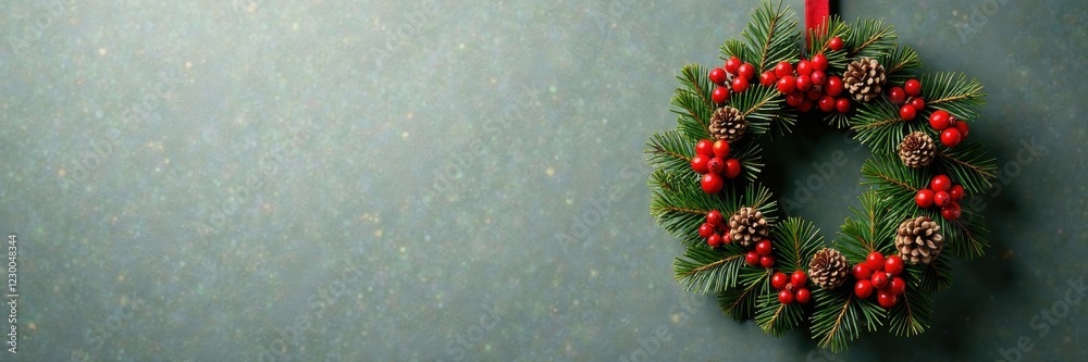 Ornate festive wreath with red berries and pinecones hung from a wooden hook, pinecones, evergreen Ornate festive wreath with red berries and pinecones hung from a wooden hook, pinecones, evergreen