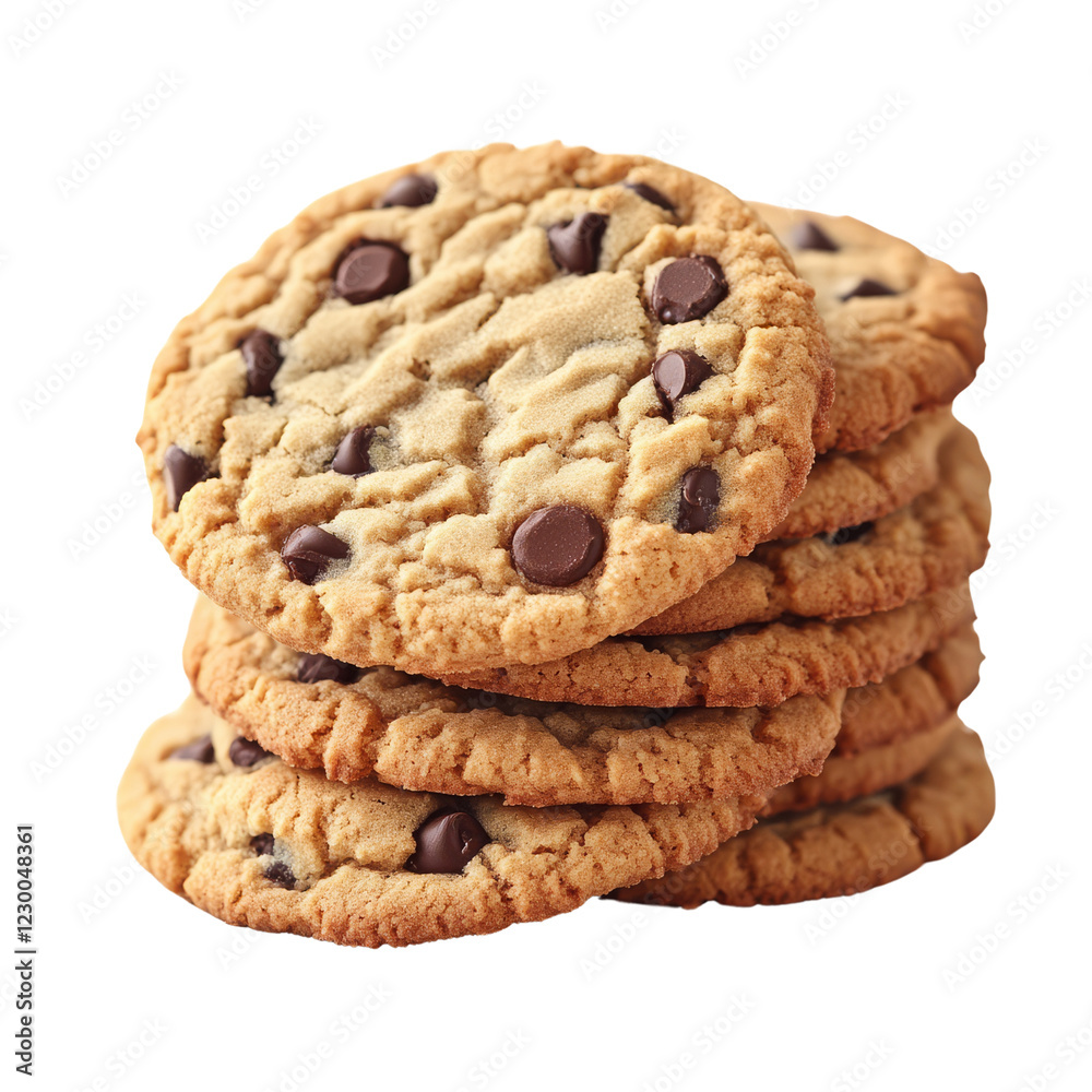 A stack of delicious chocolate chip cookies, golden-brown and chewy, showcasing their rich texture and enticing chocolate pieces.