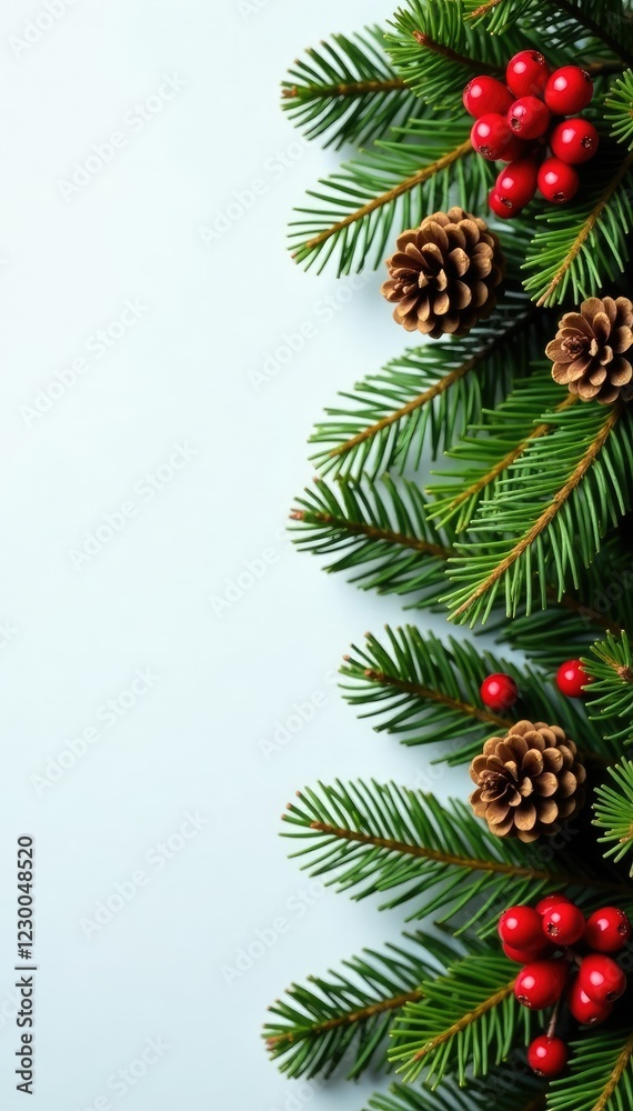 A festive garland made of evergreen branches and golden pinecones adorned with colorful berries, festive, winter A festive garland made of evergreen branches and golden pinecones adorned with colorful berries, festive, winter