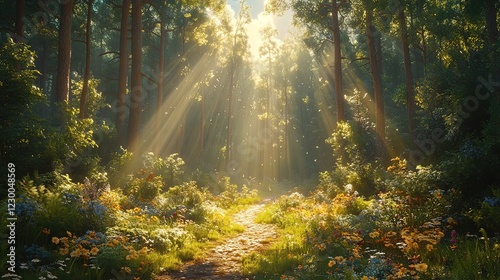 Wallpaper Mural Sunlit Forest Path With Blooming Wildflowers Torontodigital.ca