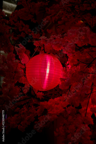 A vibrant red Chinese lantern glows warmly amidst the branches, casting a festive light.