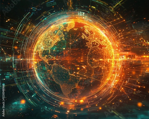 A vibrant digital representation of Earth, illuminated with orange and teal lights, symbolizing connectivity and technology.