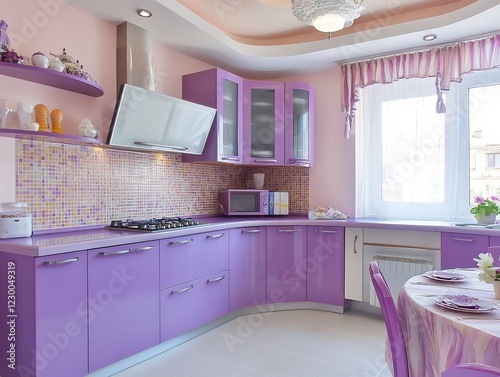 Small yet stylish kitchen with smart storage solutions, bright sunshine violet cabinetry, and a striped mosaic tile backsplash 