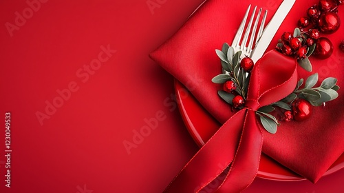 Festive red Christmas table setting, place card, holiday dinner