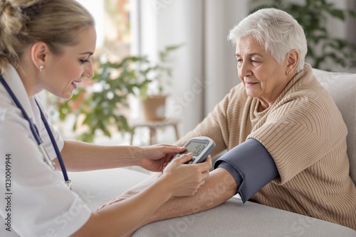 Doctor measuring blood pressure of senior woman at home