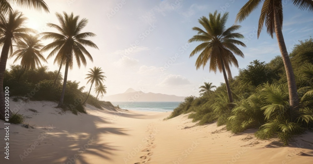 Palm trees and sand dunes in tropical beach scene, sand, ocean Palm trees and sand dunes in tropical beach scene, sand, ocean