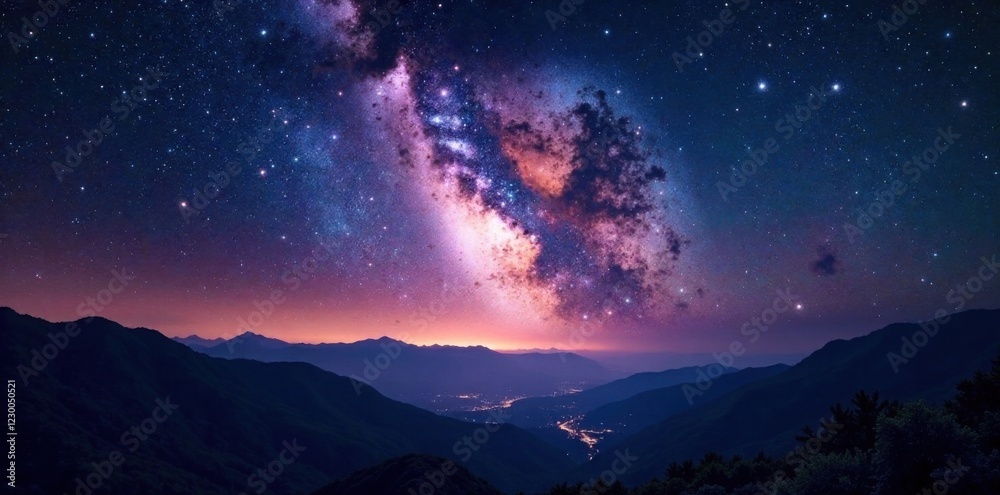Naklejka premium Panoramic view of Milky Way with bright stars and glowing nebulae, stardust, nebulae, infinity