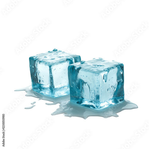 Two ice cubes melting, creating a pool of water beneath them.