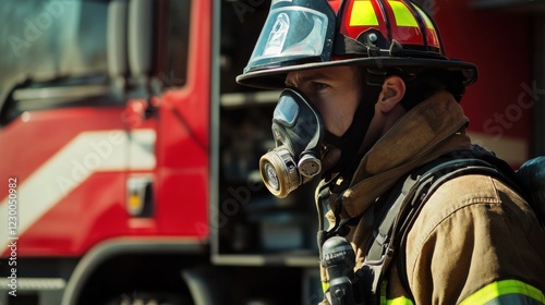 A firefighter in full gear, including helmet and oxygen mask, standing next to a fire truck