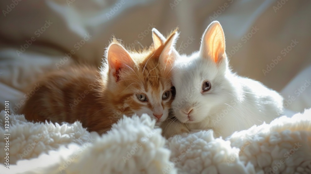 Obraz premium Orange cats and beautiful white rabbits are very cute.