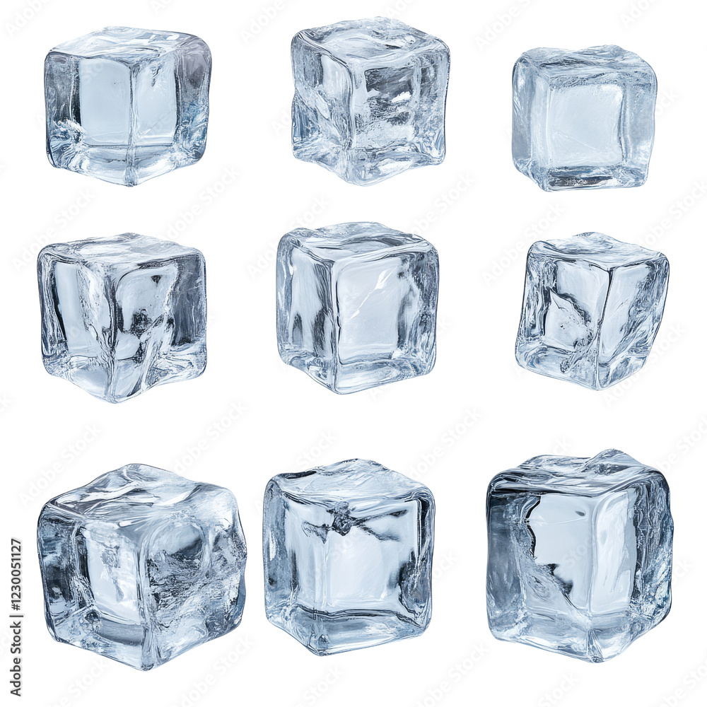Obraz premium A collection of ice cubes showcasing various angles and textures, emphasizing their clear, solid form.