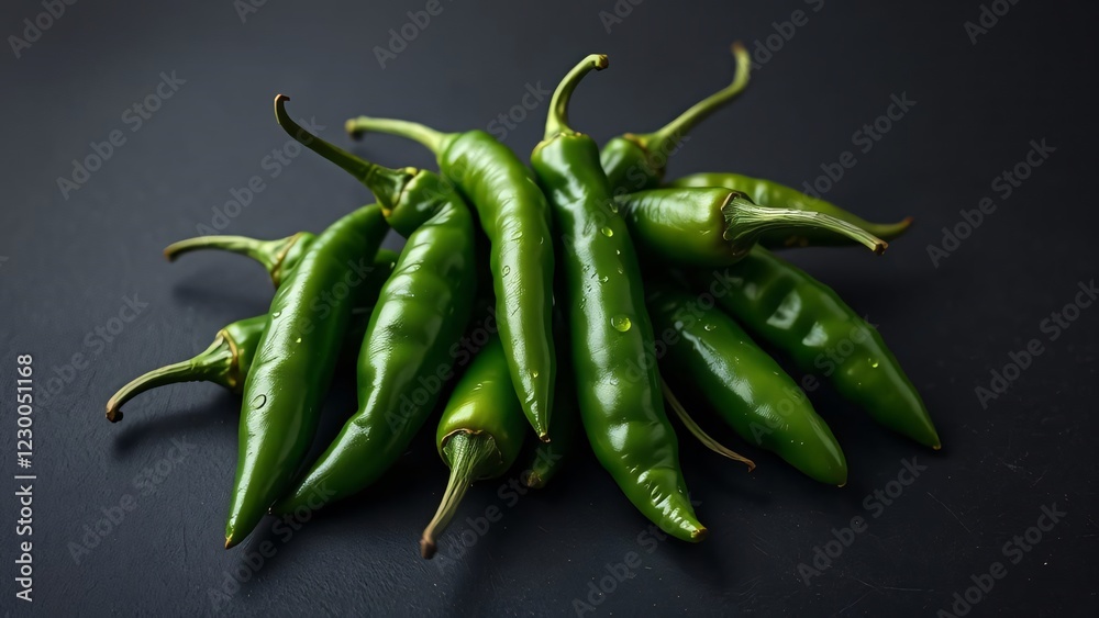 Fresh Green Chili Peppers with Water Droplets on Dark Slate Fresh Green Chili Peppers with Water Droplets on Dark Slate