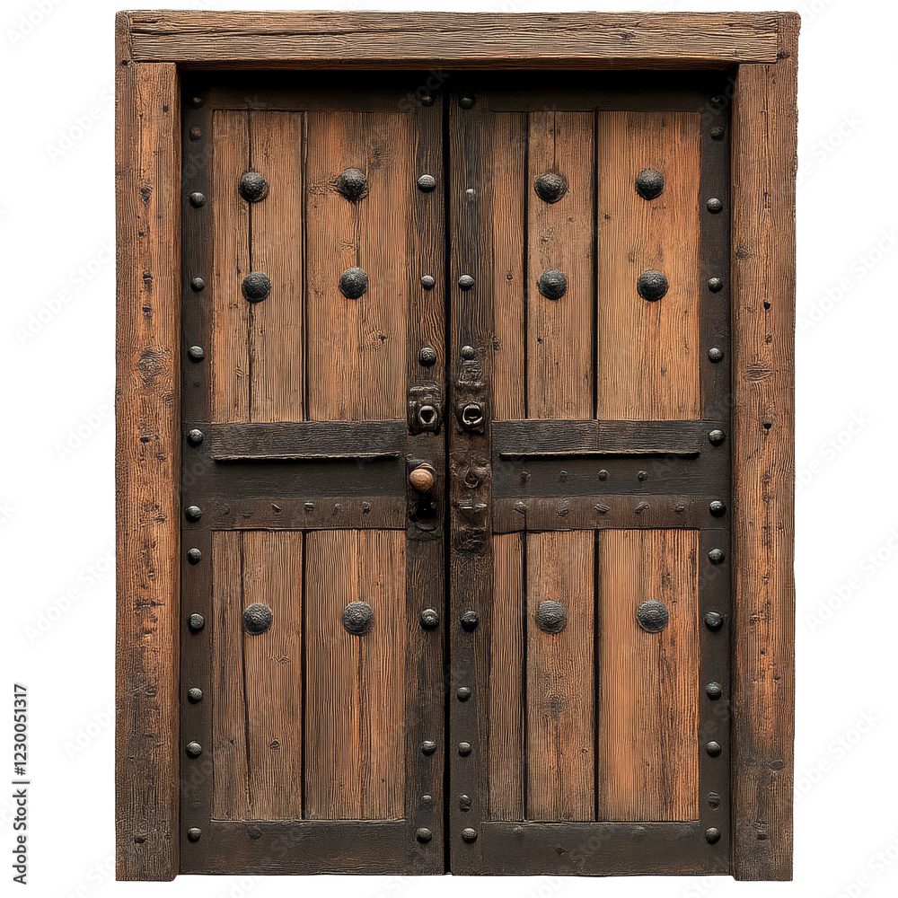 A rustic wooden door with decorative metal accents and a classic design, featuring large knobs and a sturdy locking mechanism.