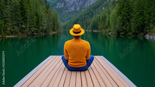 Finding Tranquility: A lone figure meditates in a serene pose on a wooden pier overlooking a tranquil turquoise lake, surrounded by a lush green forest. photo