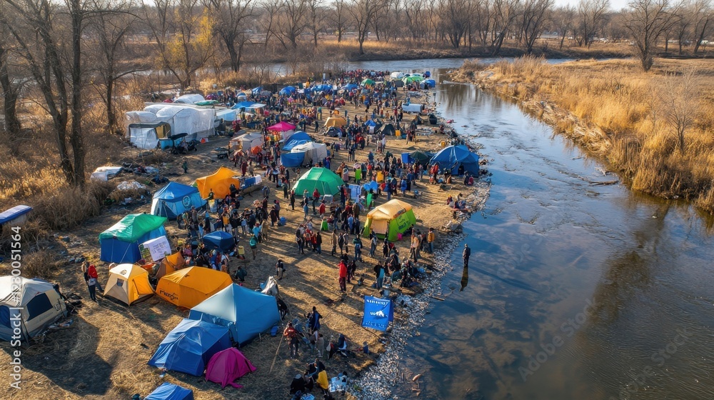 Fototapeta premium An aerial view of a massive community gathering for World Water Day, colorful tents, water conservation workshops, and river cleanup in progress