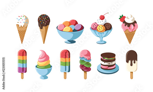 Colorful Cartoon Ice Cream Cones, Popsicles, and Sundaes with Fun Toppings