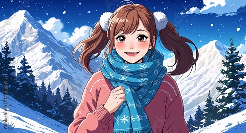 adult female happy twin tails cozy sweater and scarf on a snowy mountain illustration anime cartoon background photo