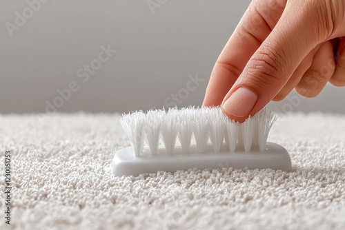 Cleaning dust from soft fabric with a white plastic brush, against a cream backdrop, partially blurred. photo