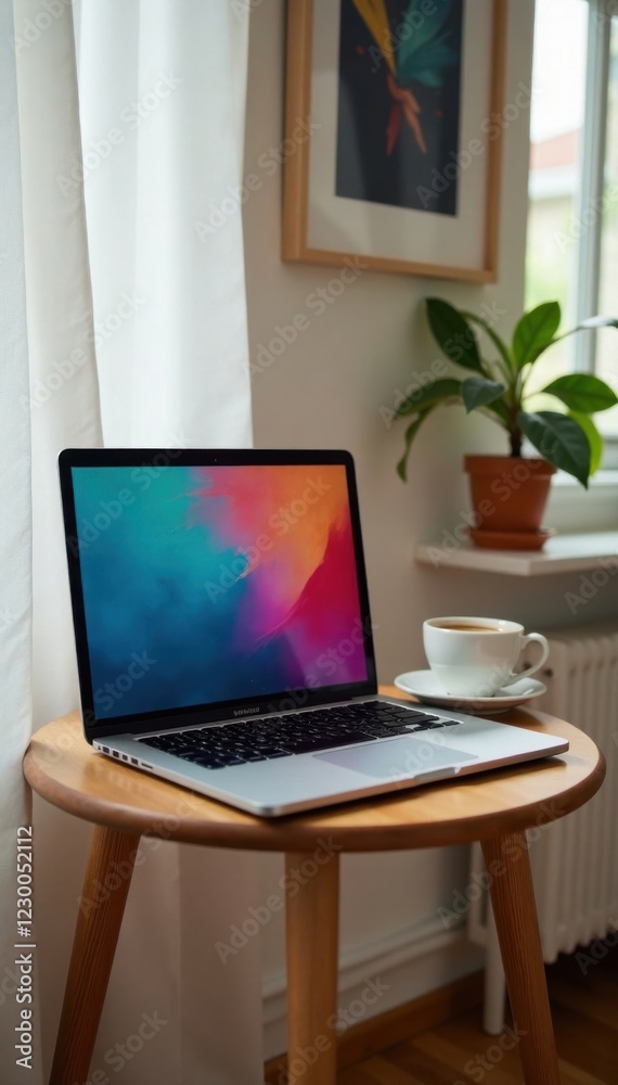 Portable laptop on a small wooden table with a cup of coffee nearby , small, wooden desk Portable laptop on a small wooden table with a cup of coffee nearby , small, wooden desk