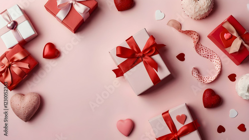 charming happy valentine's day concept with gift boxes, hearts, ribbon, and sweets arranged in a creative flat lay on a soft pastel pink background