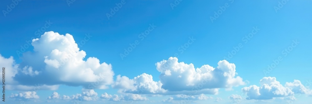 Fluffy white clouds are scattered across the brilliant blue summer sky with a few strands of cloud stretching out in different directions, clouds, airy Fluffy white clouds are scattered across the brilliant blue summer sky with a few strands of cloud stretching out in different directions, clouds, airy