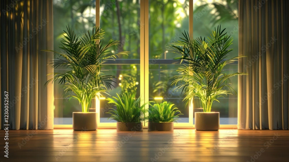 Fototapeta premium Lush indoor plants illuminated by soft sunlight filtering through large windows in a serene environment