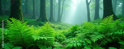 Fog-shrouded ferns sway gently in windless forest air, ferns, lush greenery