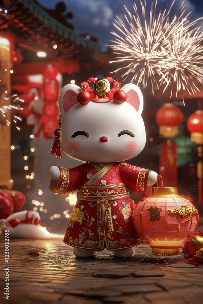 Cute cat in festive attire, celebrating Lunar New Year in a temple courtyard with fireworks. Holiday card Cute cat in festive attire, celebrating Lunar New Year in a temple courtyard with fireworks. Holiday card
